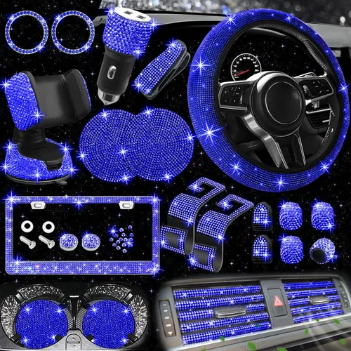 Miniatura 14 de NBTEPEM 27 piezas de juego de accesorios brillantes para auto en color aguamarina para mujeres, fundas para volante de ajuste universal de 15