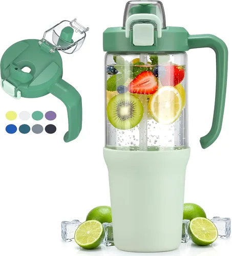 Miniatura 9 de Vaso de vidrio con asa de transporte, botella de agua de vidrio transparente con tapa a prueba de fugas, tapa de boquilla y popote, sin BPA, 32