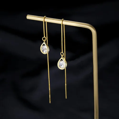 Miniatura 3 de Reffeer Solid 925 Sterling Silver CZ Droplet Chain Dangle Earrings for Women Girls Crystal Dangle Earrings Threader Tassel