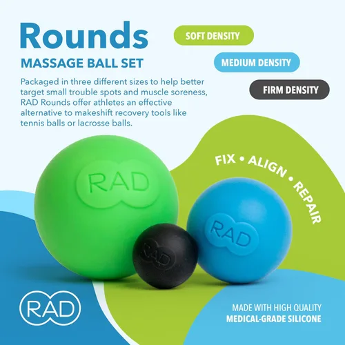 Miniatura 2 de RAD Rounds – Juego de 3 bolas de masaje de yoga de 3 densidades para liberación miofascial de tejido profundo – Bolas de terapia para pies, espalda
