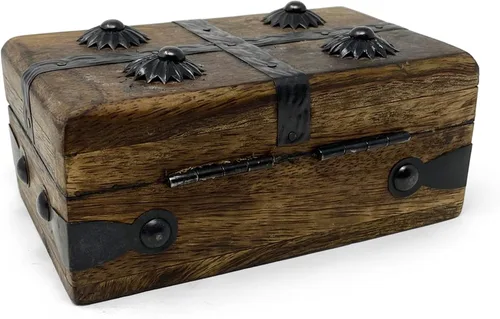 Miniatura 5 de Nautical Cove - Cofre del tesoro de madera con cerradura de hierro antigua y llave de esqueleto (XS, 5 x 3 x 2) - Almacenamiento y decoración