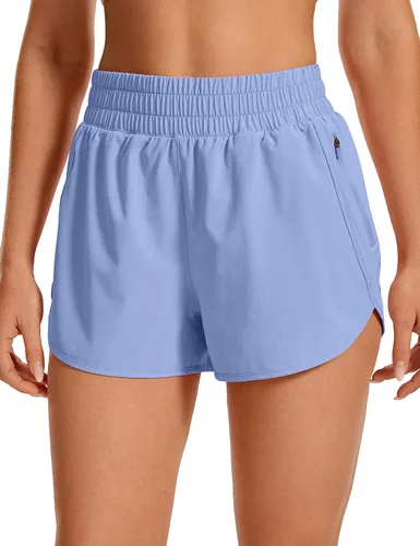 CRZ YOGA Pantalones cortos para correr para mujer, talle alto, con bolsillo con cremallera, forro de malla, entrepierna de 3 pulgadas, dobladillo