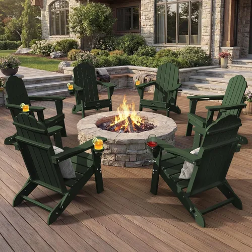 Miniatura 20 de Silla Adirondack plegable, silla Adirondack de HDPE con 2 soportes para tazas, sillas para fogatas al aire libre de fácil montaje para patio, Negro