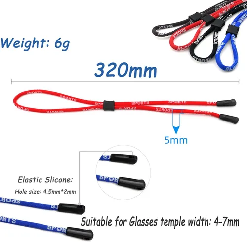 Miniatura 5 de Paquete de 4 correas ajustables para gafas, cordón deportivo antideslizante para el cuello, cuerda de nailon suave para lentes anchos de patillas