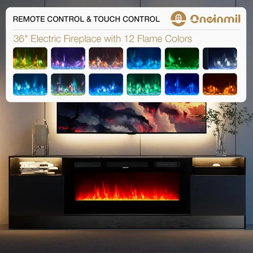 Miniatura 4 de oneinmil Soporte de TV con chimenea eléctrica de 36 pulgadas, centro de entretenimiento con luz LED, soporte de entretenimiento con textura
