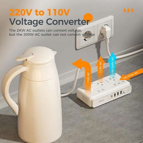 Miniatura 5 de TESSAN Convertidor de voltaje de 220V a 110V para viajes con 4 puertos USB (1 USB C), 3 tomas de corriente AC y adaptador de corriente internacional