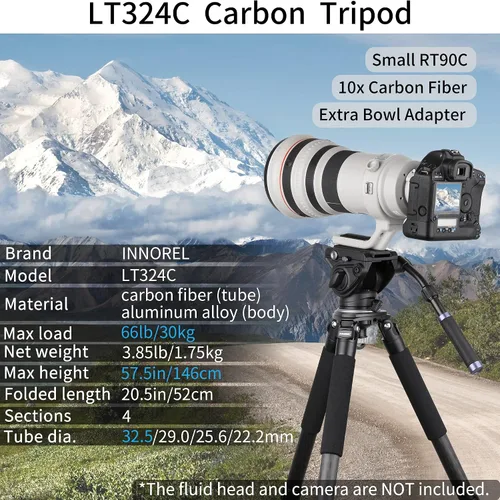 Miniatura 2 de Trípode portátil de fibra de carbono INNOREL LT324C profesional resistente trípode con adaptador de 2.953 in para cámara, fotografía de pájaros