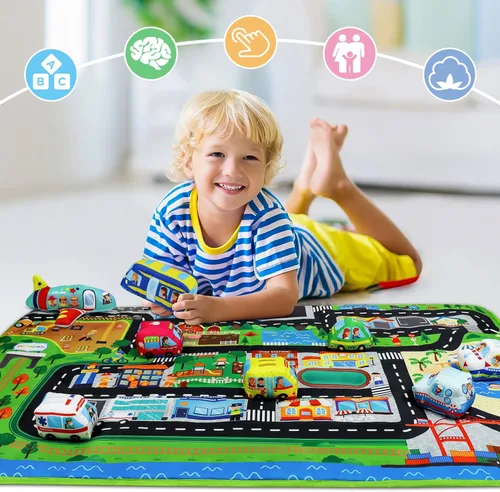 Miniatura 5 de Dr.Rapeti Juego de autos de juguete suave para bebés, niños pequeños, 1 tapete de juego de gran tamaño, 10 autos de juguete suave, 47 x 30 pulgadas