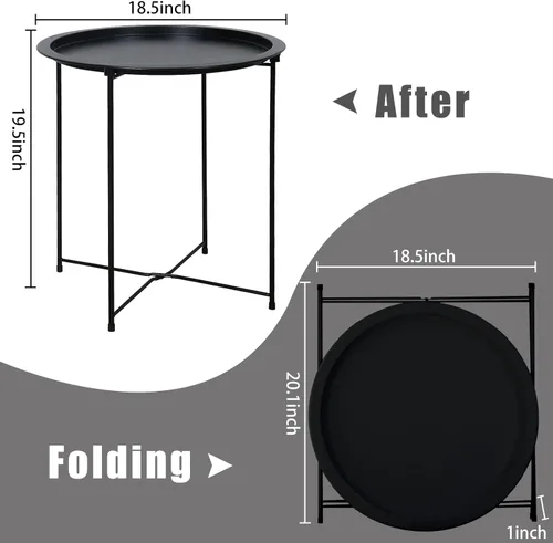 Miniatura 3 de Garden 4 you - Mesa auxiliar de metal negra redonda plegable con bandeja cian, mesa auxiliar redonda, para poner al lado del sofá, mesa