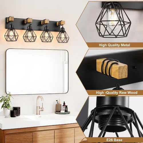 Miniatura 4 de Lámparas blancas para tocador de baño, luminarias de baño de madera de 2 luces sobre el espejo, apliques rústicos de pared con elegante pantalla