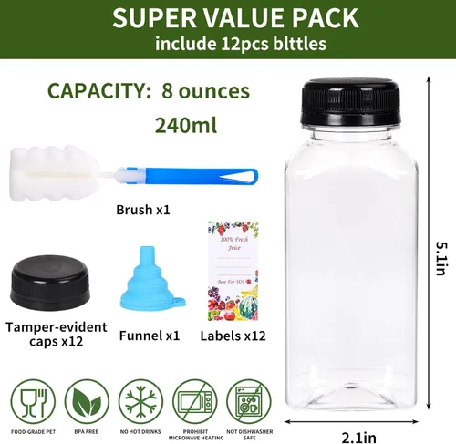 Miniatura 2 de SUPERLELE 12 botellas de plástico de 8 onzas con tapas, recipientes transparentes reutilizables para jugo con etiquetas, embudo y cepillo