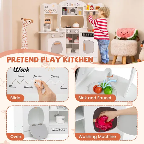 Miniatura 5 de HONEY JOY Cocina de Esquina de Juguete, Juego de Cocina de Madera para Niños Pequeños con Luces, Cafetera, Microondas, Fregadero, Grifo, Juego