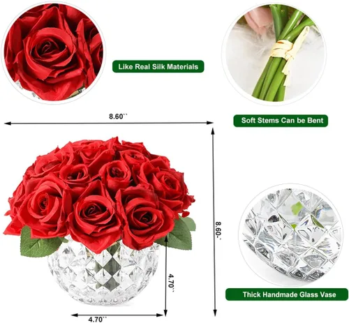 Miniatura 2 de 18 rosas rojas artificiales en jarrón, rosa falsa con jarrón para mesa de comedor, dormitorio, decoración de boda (rojo)