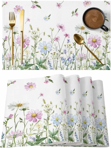 Juego de 6 manteles individuales florales con flores de primavera, antideslizantes, lavables, coloridos manteles individuales de primavera para mesa