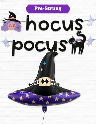 HOUSE OF PARTY Hocus Pocus, pancarta de Halloween y globo de sombrero de bruja, decoración perfecta para fiestas de Halloween en interiores con