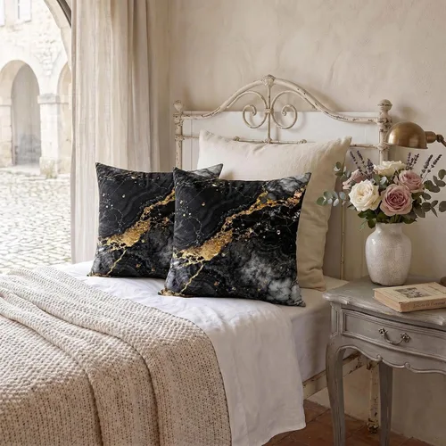 Miniatura 5 de Yobvec Juego de 2 fundas de almohada de 18 x 18 pulgadas, color negro dorado y gris, fundas de cojín decorativas de mármol abstracto, decoración