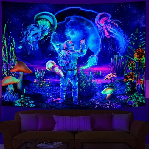 Miniatura 2 de Heopapin - Tapiz de astronauta de luz negra con medusas, tapices de hongos estilo trippy, plantas de fantasía reactivas a UV, tapiz de pared Medusa