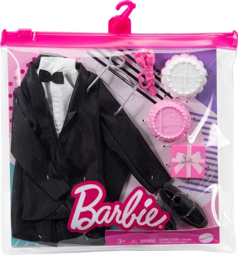 Miniatura 3 de Barbie Paquete de moda y accesorios, conjunto de novia con traje de novio para muñeca Ken con esmoquin, zapatos, reloj, pastel de boda con bandeja