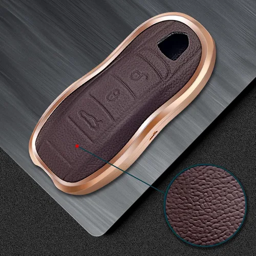 Miniatura 5 de Funda de piel marrón y aluminio compatible con Porsche Macan Cayenne Panamera 911 con 3 botones sin llave (llave antigua)
