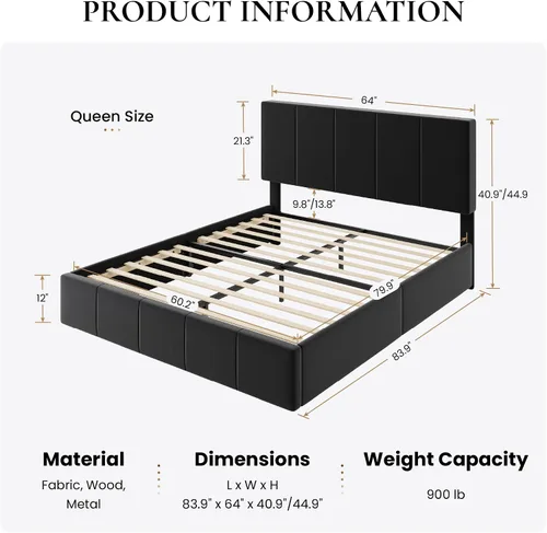 Miniatura 2 de SHA CERLIN Marco de cama tamaño queen, cama de plataforma tapizada en terciopelo holandés, cabecera ajustable con canales verticales acolchados