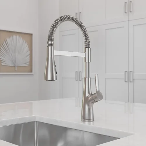 Miniatura 5 de Pfister Neera - Grifo de cocina de estilo comercial con rociador desplegable de una sola manija, acabado dorado cepillado de arco alto, 3 ajustes