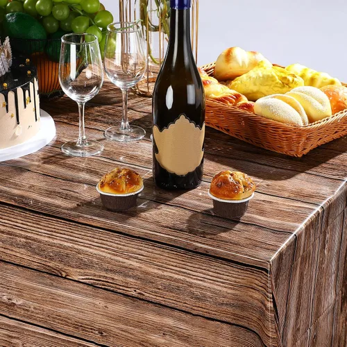 Miniatura 3 de Tatuo Paquete de 1 mantel de plástico rústico de grano de madera natural para mesa rectangular, decoración de mantel estilo rústico para cumpleaños