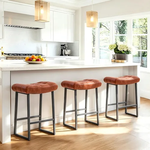 Miniatura 12 de RNKSFX Taburete de bar moderno negro para encimera de cocina sin respaldo de altura de mostrador con asiento tapizado de piel sintética y marco