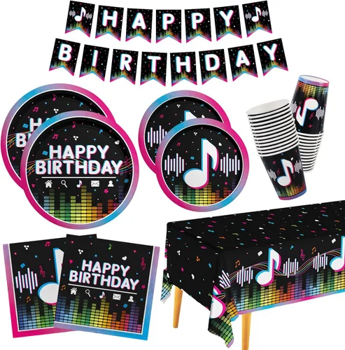Suministros para fiestas musicales, platos de papel desechables, servilletas, vasos, mantel y pancarta para niñas y niños, decoración de cumpleaños,