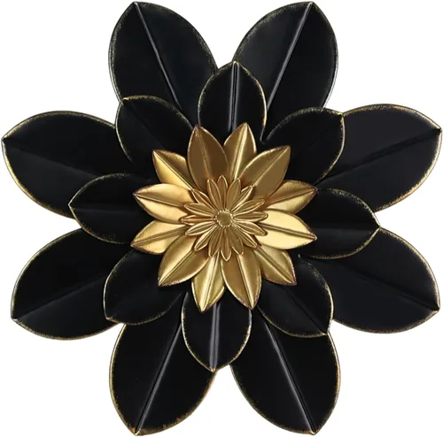 hogardeck Decoración de pared de flores de metal, 16 pulgadas, arte de pared de metal floral negro y dorado para interiores y exteriores, decoración
