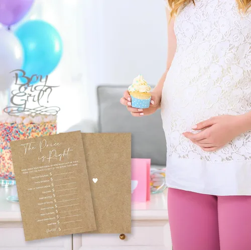 Miniatura 4 de The Price Is Right Juego para baby shower, 30 tarjetas de juego de papel kraft minimalistas para bebé, niño o niña, anuncio de bebé, revelación