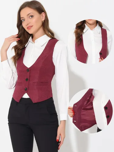 Miniatura 2 de Allegra K Chaleco vintage para mujer con botones y bolsillos