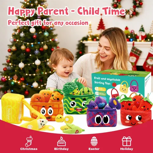 Miniatura 5 de Comida de juguete para niños pequeños de 1 a 3 años, cesta de frutas y verduras, sonajero de clasificación de color, juego de comida chirriante