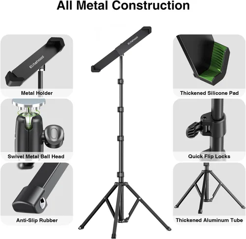 Miniatura 8 de elitehood Soporte de aluminio para iPad con soporte diagonal para tableta, trípode para iPad de 65 pulgadas de altura ajustable, trípode giratorio