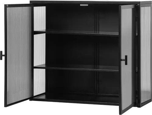 Miniatura 7 de Armario de pared de doble puerta de vidrio brumoso estilo retro con estantes desmontables para oficina, comedor, sala de estar, cocina y baño negro