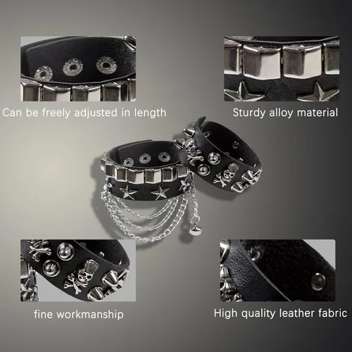 Miniatura 4 de Juego de 2 pulseras de cadena con tachuelas góticas, punk, calavera, estrella, remache, brazalete de los años 80, Emo Goth Punk Rock, accesorios