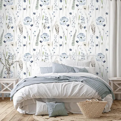 Miniatura 3 de VEELIKE Papel tapiz floral azul de acuarela para despegar y pegar, papel tapiz botánico de helecho bohemio para dormitorio, baño, guardería, 17.7 x