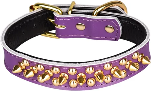 Serijoars Collares ajustables de cuero genuino con tachuelas para mascotas pequeñas, medianas y grandes, Pit Bull, Bulldog, Pugs, Husky (M, morado)