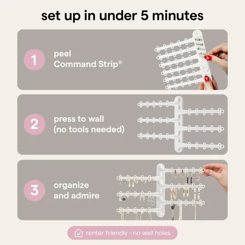Miniatura 5 de All Hung Up Organizador de joyas de pared de 6 niveles y 6 pulgadas, tiras Command incluidas para colgar fácilmente, organizador de aretes de 120