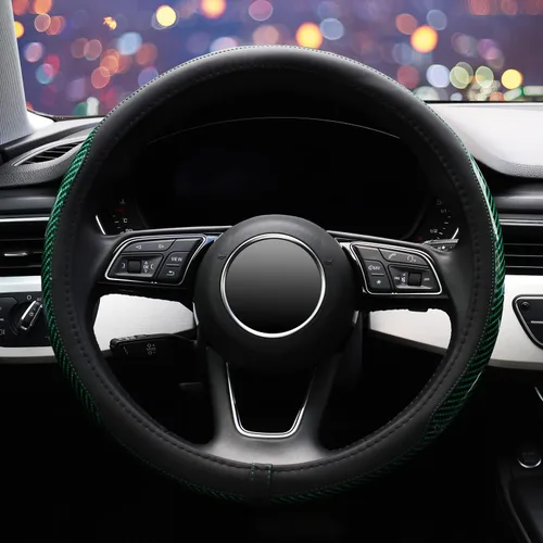 Miniatura 2 de ZHOL Funda universal de fibra de carbono para volante de automóvil, de microfibra de 15 pulgadas, para mujeres y hombres, antideslizante, color Verde