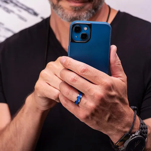 Miniatura 4 de 100S JEWELRY Anillo de tungsteno con incrustaciones de ópalo azul gris plomizo con borde martillado para hombres, hombres, él, alianza de boda