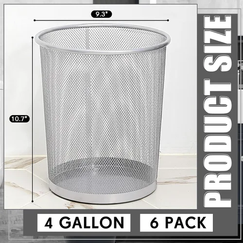 Miniatura 2 de Zeyune Paquete de 6 cubos de basura plateados de malla a granel de 4 galones de malla de alambre de metal, cesta de papel de desecho, redondo