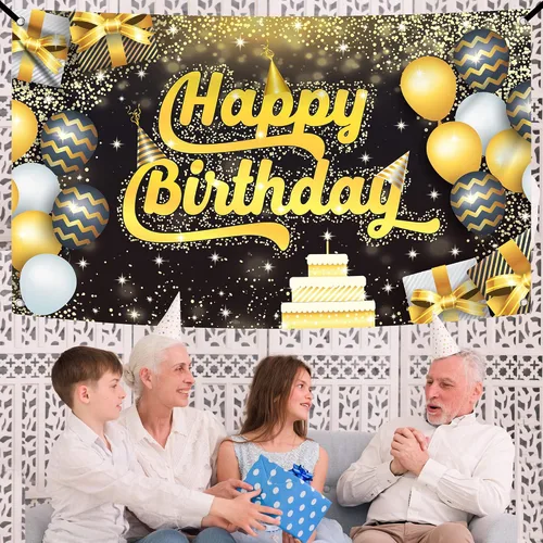 Miniatura 2 de KatchOn, Cartel extragrande de feliz cumpleaños negro y dorado, 72 x 44 pulgadas, pancarta de fondo para decoraciones de feliz cumpleaños