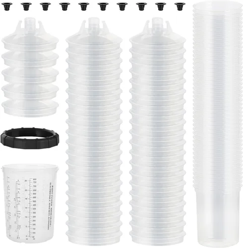 Miniatura 8 de Tazas desechables para pistola de pintura (200ML/6.7OZ), kit de tazas de pintura con 50 revestimientos de taza, 50 tapas, 20 tapones de sellado, 1