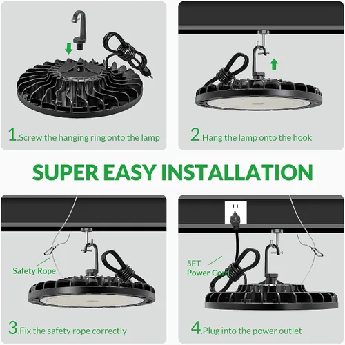 Miniatura 9 de Luz LED de Bahía Alta de 150W, 22500 LM con Cable de 5 pies con Enchufe de EE.UU., 5000K Luz de Día, IP65 Impermeable, Luces LED UFO de Taller