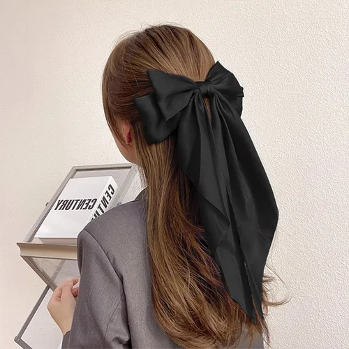 Miniatura 5 de TULOBI Lazos grandes negros para el cabello, 2 unidades, lazo de satén suave, clip para el cabello con clip de metal, accesorio para el cabello