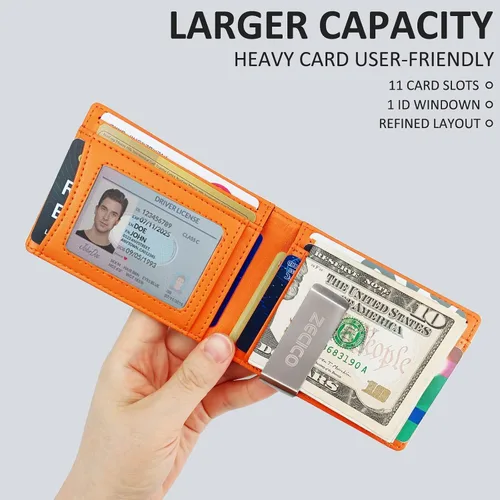 Miniatura 2 de ZECICO Billetera minimalista para hombre con tarjetero RFID con clip para dinero, elegante bolsillo frontal delgado, billeteras plegables