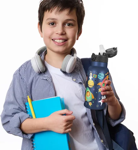 Miniatura 7 de Han's Bottle Botella de agua para niños con tapa con pajilla, vaso reutilizable de acero inoxidable aislado para niñas, niños, taza térmica, 17