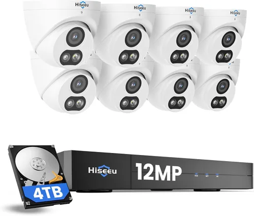 【12MP Ultra HD】 Sistema de cámara de seguridad PoE Hiseeu de 12MP, 8 piezas de cámaras de seguridad de 12 MP, vista amplia de 121°, audio de 2 vías,