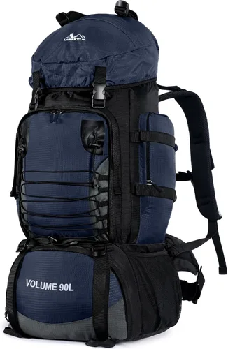 Mochila de senderismo de 90 L con cubierta para lluvia, mochila de campamento impermeable con almacén de zapatos para hombres y mujeres, sin marco