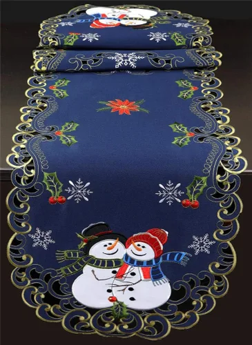 Miniatura 6 de Creative Linens Camino de mesa navideño bordado muñeco de nieve con copo de nieve de Pascua ovalado, bufanda de tocador azul dorado